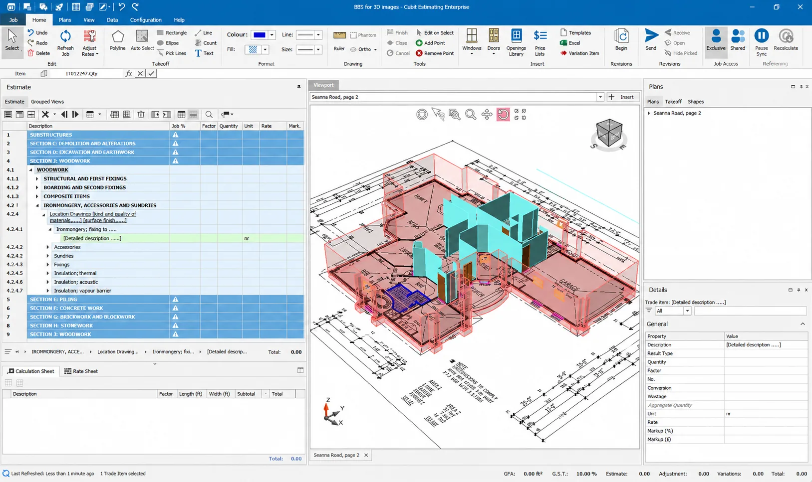 Construction estimating model and project takeoff example